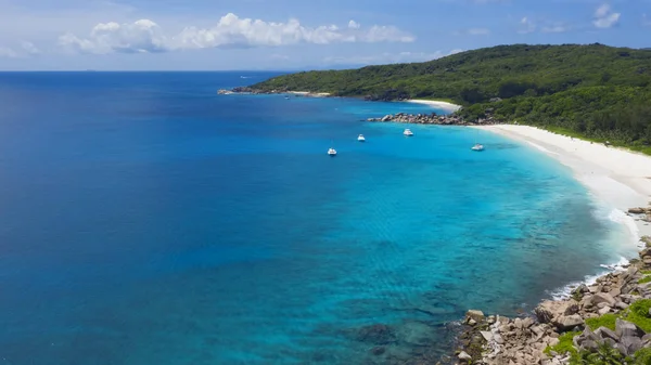 Isole Tropicali Spiagge Seyshelles Sparatoria Dal Drone Acque Turchesi Pure — Foto Stock