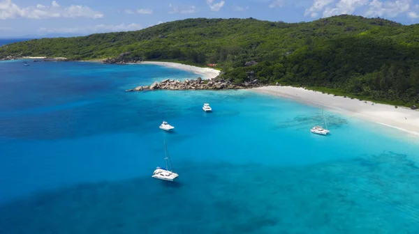 Ilhas Tropicais Praias Seyshelles Disparar Drone Puras Águas Azul Turquesa — Fotografia de Stock