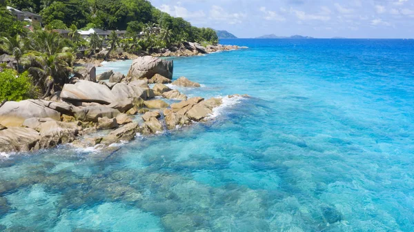 Isole Tropicali Spiagge Seyshelles Sparatoria Dal Drone Acque Turchesi Pure — Foto Stock