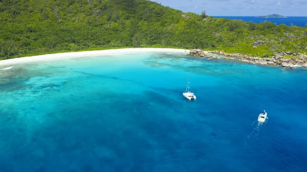 Iles Tropicales Plages Seyshelles Tirer Depuis Drone Des Eaux Turquoises — Photo