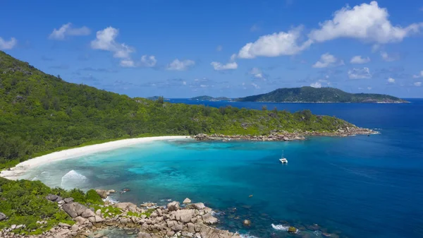 Isole Tropicali Spiagge Seyshelles Sparatoria Dal Drone Acque Turchesi Pure — Foto Stock