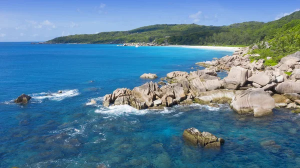 Tropical Islands Beaches Seyshelles Shooting Drone Pure Turquoise Waters Ocean — Stock Photo, Image