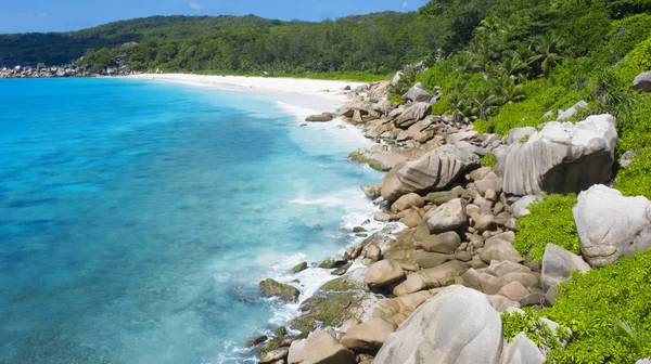 熱帯の島やビーチ セイシェルだドローンからの銃撃だ海の純粋なターコイズブルーの海 白いサンゴの砂と青いラグーン — ストック写真