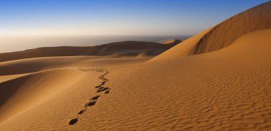Çöl. Yoğun altın tozu, kum tepeleri ve alçak güneşin ışığında kumlu güzel yapılar..