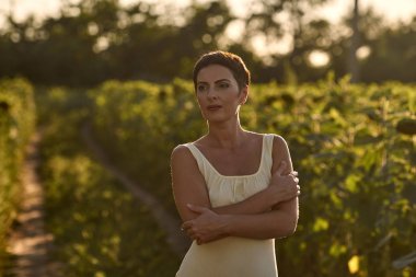 Gün batımında ayçiçeği tarlası genç kadın