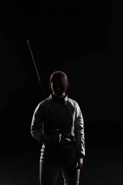 Female Fencer Standing Sword Black Background — Stock Photo, Image