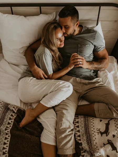 Beautiful Loving Couple Kissing Bed — Stock Photo, Image