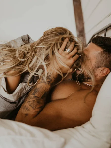 Beautiful Loving Couple Kissing Bed Stock Picture