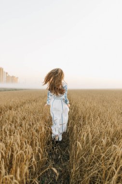 Ukraynalı kız buğday tarlasında koşuyor. Arkadan bak.