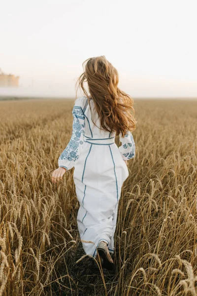 Gadis Ukraina Berjalan Melalui Ladang Gandum Lihat Dari Belakang — Stok Foto
