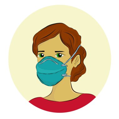 Corona virüsü koruması için yüz maskesi takan genç bir kadının vektör çizimi