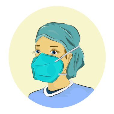 Koruyucu yüz maskesi takan bir kadın doktorun vektör çizimi