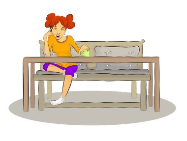 Coronavirus COVID-19 salgını sırasında yayılan virüsü korumak ve salgını durdurmak için kendini karantinaya almış bir kızın vektör çizimi