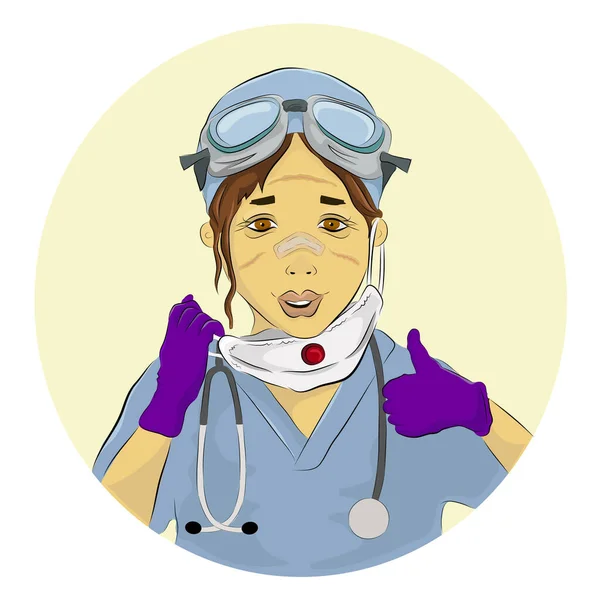 Illustrazione Vettoriale Una Dottoressa Oberata Lavoro Tolse Maschera Protettiva Stanca — Vettoriale Stock