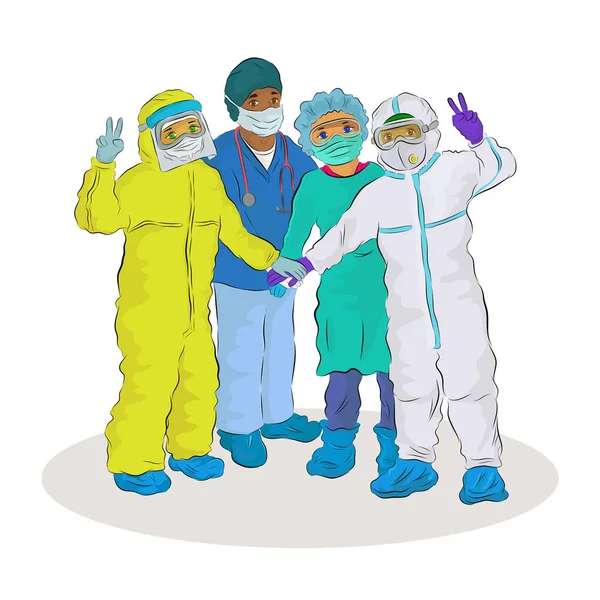 Illustration Vectorielle Groupe Médecins Personnel Santé Équipé Équipement Protection Individuelle — Image vectorielle