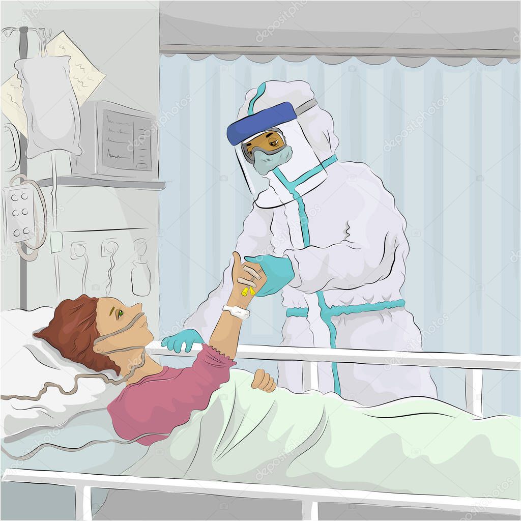 Vector illustration of a a doctor with (PPE) examining patient lying in bed and feeling strong and fighting with coronavirus hand in hand during  COVID-19 Pandemic Outbreak