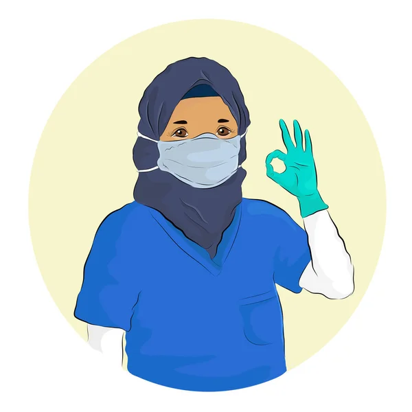 Illustrazione Vettoriale Uno Staff Sanitario Femminile Musulmano Posa Hijab Sorridente — Vettoriale Stock