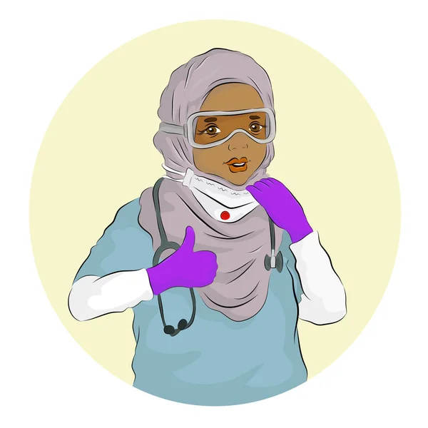 Illustrazione Vettoriale Medico Musulmano Africano Posa Hijab Sorridente Forte Felice — Vettoriale Stock
