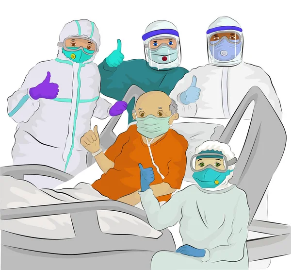 Illustrazione Vettoriale Paziente Coronavirus Anziano Con Maschera Chirurgica Quattro Medici — Vettoriale Stock