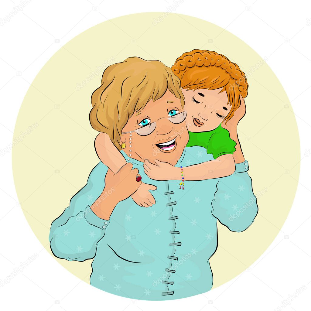 Vector illustration of a senior grandmother and her little grandchild hugging each with a deep love in Ramadan Fest celebration
