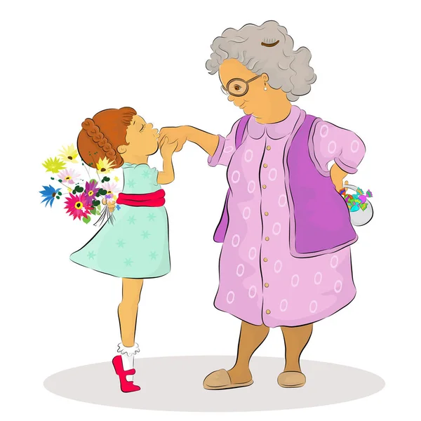ラマダーン月の祝祭で祖母の手にキスをした少女のベクトルイラスト 女の子は花の束を隠している 老婦人は彼らの後ろにお祝いのキャンディーを隠している — ストックベクタ