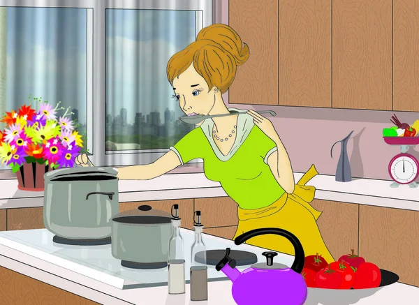 Cartoon illustration of a young woman tasting her meal with a ladle while cooking in her kitchen