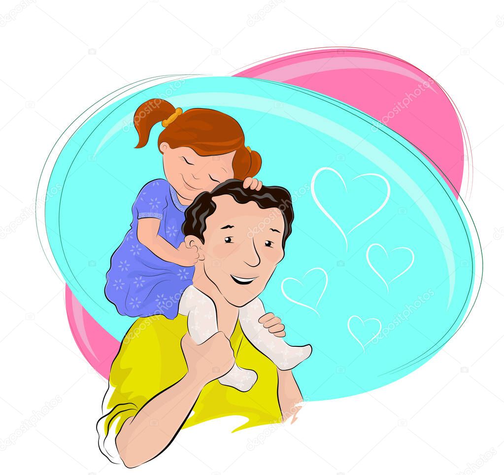 Cartoon colored vector illustration of a very cute little girl sitting on her father's shoulders and showing her deep love to her father. Happy Father's Day