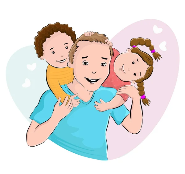 卡通画的彩色矢量图画描绘了一个小女孩和一个男孩抱着他们父亲的脖子 对他们的父亲表示了深深的爱 父亲节快乐 — 图库矢量图片