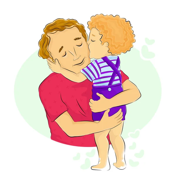 卡通画的彩色矢量图片是一个小男孩亲吻他的父亲的脸颊和拥抱他的父亲与他的父亲深深的爱 父亲节快乐 — 图库矢量图片