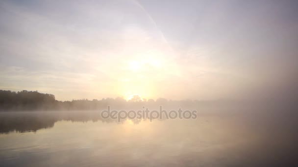 Туманное осеннее утро на озере — стоковое видео
