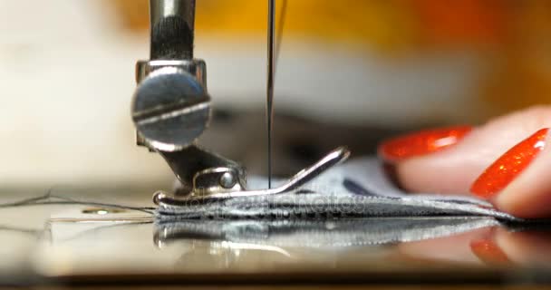 Closeup Shot Sewing Machine Work Process — Stock Video