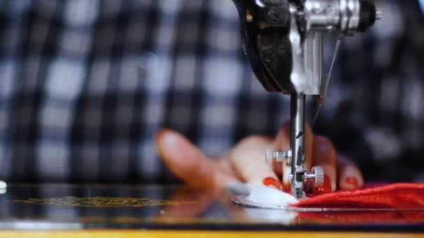Slow Motion Old Sewing Machine Showing Process Macro Shot Closeup — Stock Video
