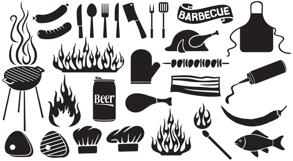 Barbacoa y alimentos iconos set vector ilustración — Archivo Imágenes Vectoriales