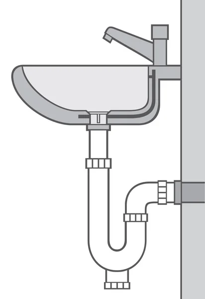 Fregadero blanco y sección transversal del grifo (estructura del baño - sistema ) — Vector de stock