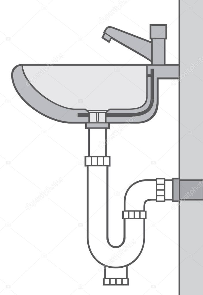 white sink and faucet cross section (bathroom structure - system)