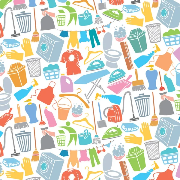 Padrão de fundo com lavanderia e ícones de limpeza (sabão com espuma, máquina de lavar roupa, roupas penduradas em um varal, detergente ) —  Vetores de Stock