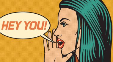 hey you - vector illustration of beautiful woman calling someone (shouting loud) in pop art style clipart