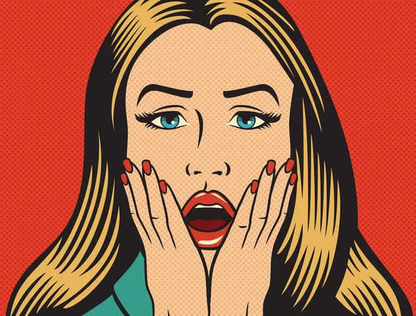 Vector ilustración de hermosa mujer sorprendida (conmocionada) en el estilo de arte pop — Vector de stock