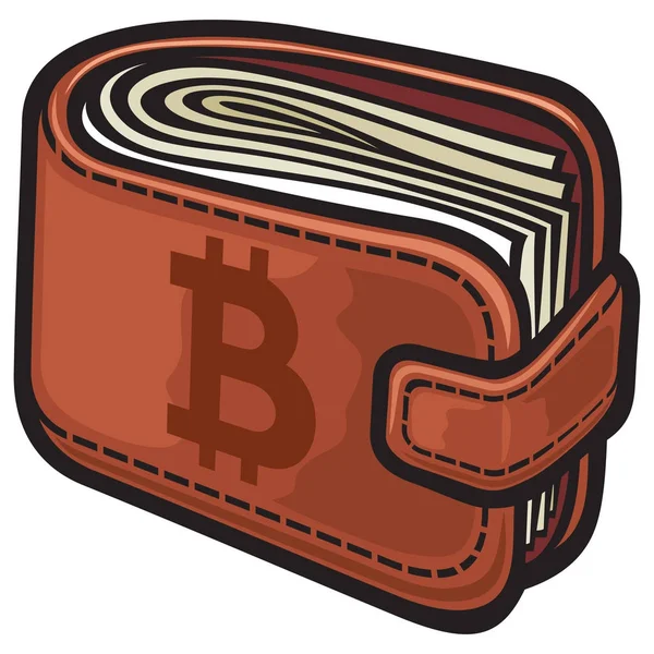 Skórzany portfel z pieniędzy i bitcoin znak — Wektor stockowy