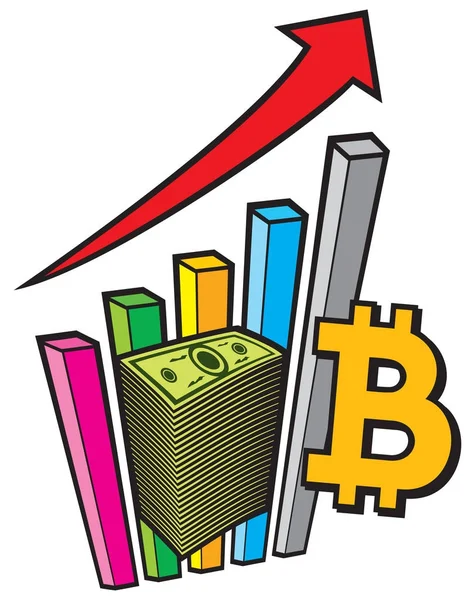 Tytuł Gazeli Biznesu wykres z znak strzałki i bitcoin - koncepcja biznesowa — Wektor stockowy