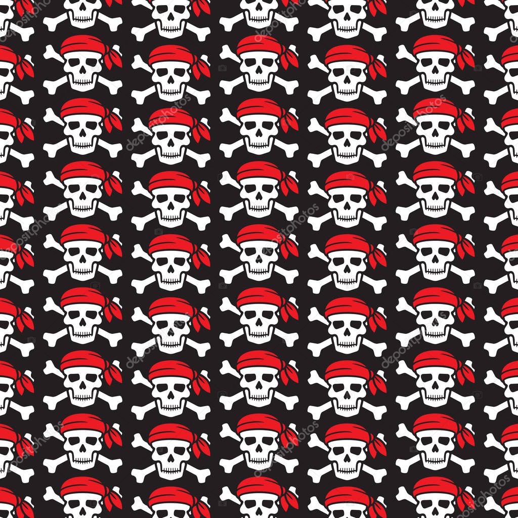background pattern with pirate skull with red bandana and crossed bones 