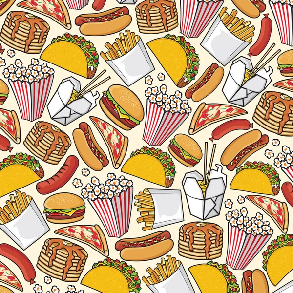 Modèle de fond avec des icônes de restauration rapide : hot dog, pizza, hamburger, sandwich, pop-corn, frites, pilon, Chinesse food — Image vectorielle