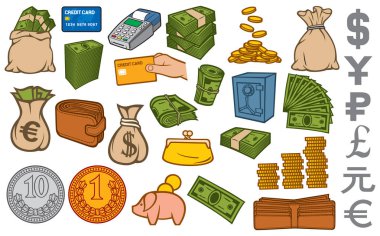 para Icons set (kredi kartı terminal, çanta, güvenli, yığılmış paralar, kumbara, altın tuğla, deri cüzdan)