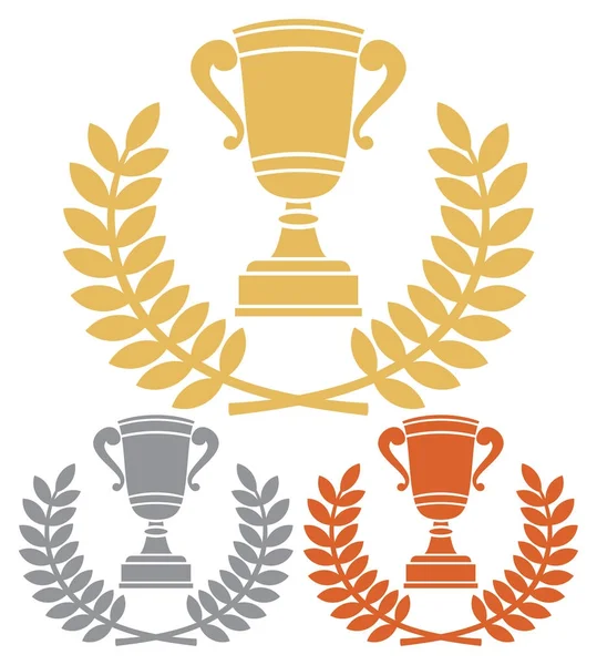 Coppa Trofeo Oro Bronzo Argento Con Corona Alloro — Vettoriale Stock