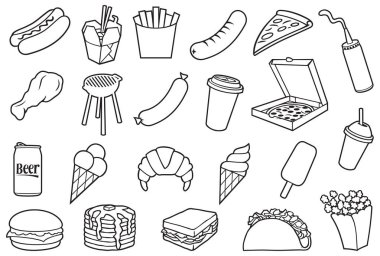 Fast food ince Icons set (hamburger, pizza, sosisli sandviç, Çin yemeği, kızarmış tavuk budu, Mangal, sosis, dondurma, krep, patlamış mısır, kahve, patates kızartması, sandviç, taco)