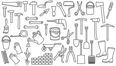 Bahçe aletleri ince çizgi Icons set (ax, çekme, çekiç, kürek, Komisyon, makas, çivi, İngiliz anahtarı, boya silindiri, makası, el arabası, çekiç, çivi, Mala, sulama olabilir, tuğla duvar)