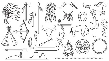 Kızılderili Kızılderililer ince çizgi Icons set (yay ve ok, yılan, at, Bizon, kaktüs, tomahawk, balta, kamp ateşi, peyzaj, Kızılderili çadırı, Şef headdress, Kano, barış çubuğu, rüya yakalayıcı)