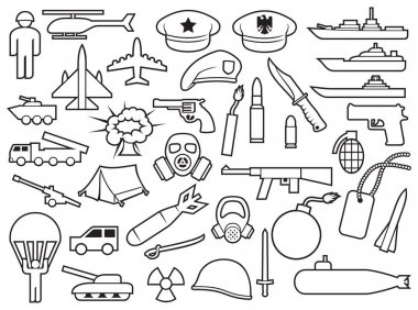 askeri ince çizgi simgeleri: bıçak, tabanca, bomba, mermi, gaz maskesi, kılıç, kask, Kaptan şapka, patlama, dinamit, çadır, makineli tüfek, askeri bere, zırhlı personel taşıyıcı, savaş uçağı, savaş gemisi, uçak