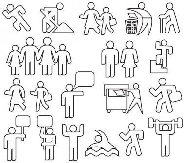 insanlar ince çizgi Icons set (mutlu aile, baba, anne, dedem, çocuk, kadın, üst birlikte, wc simge, simge kadın ve erkek, geri dönüşüm işareti, geri dönüşüm Göstericiler, spor salonu,)