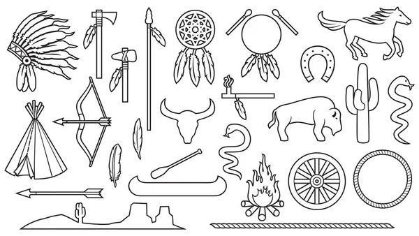 Set Icone Linea Sottile Nativi Americani Arco Freccia Serpente Cavallo — Vettoriale Stock